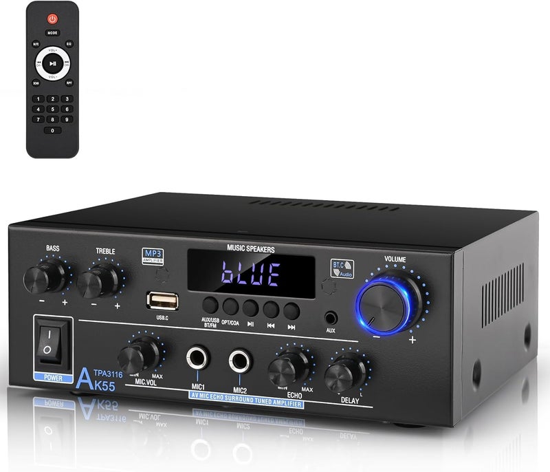 Romicta Romica Stereo Audio Amplifier, 2 Channel 500W Bluetooth 5.0 Home Theater Power Amplifier with FM, Echo, AUX, USB, SD, MIC, Optical & Coaxial Inputs, AMP for Passive Speakers and Active subwoofer - Image 1
